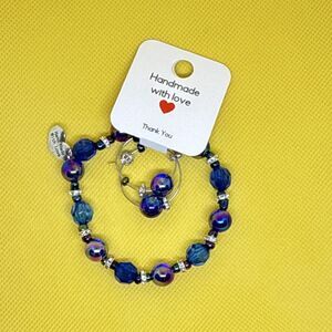 Hand Made With Love Handcrafted Blue Glass Round Bead Bracelet & Earrings Set